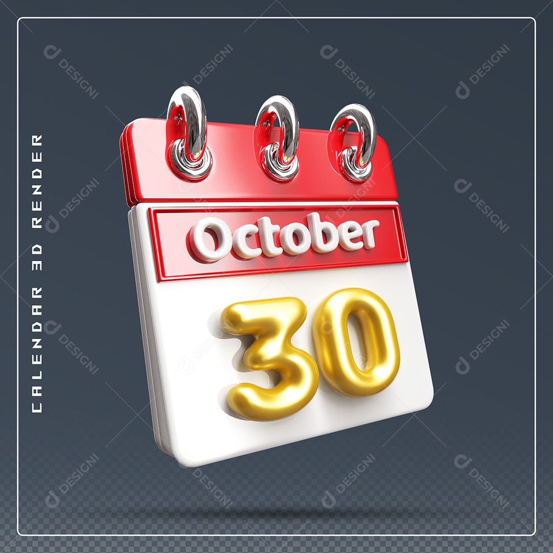 Calendário Do mês Outubro Dia 30 Elemento 3D Vermelho Dourado e Branco Para Composição PSD