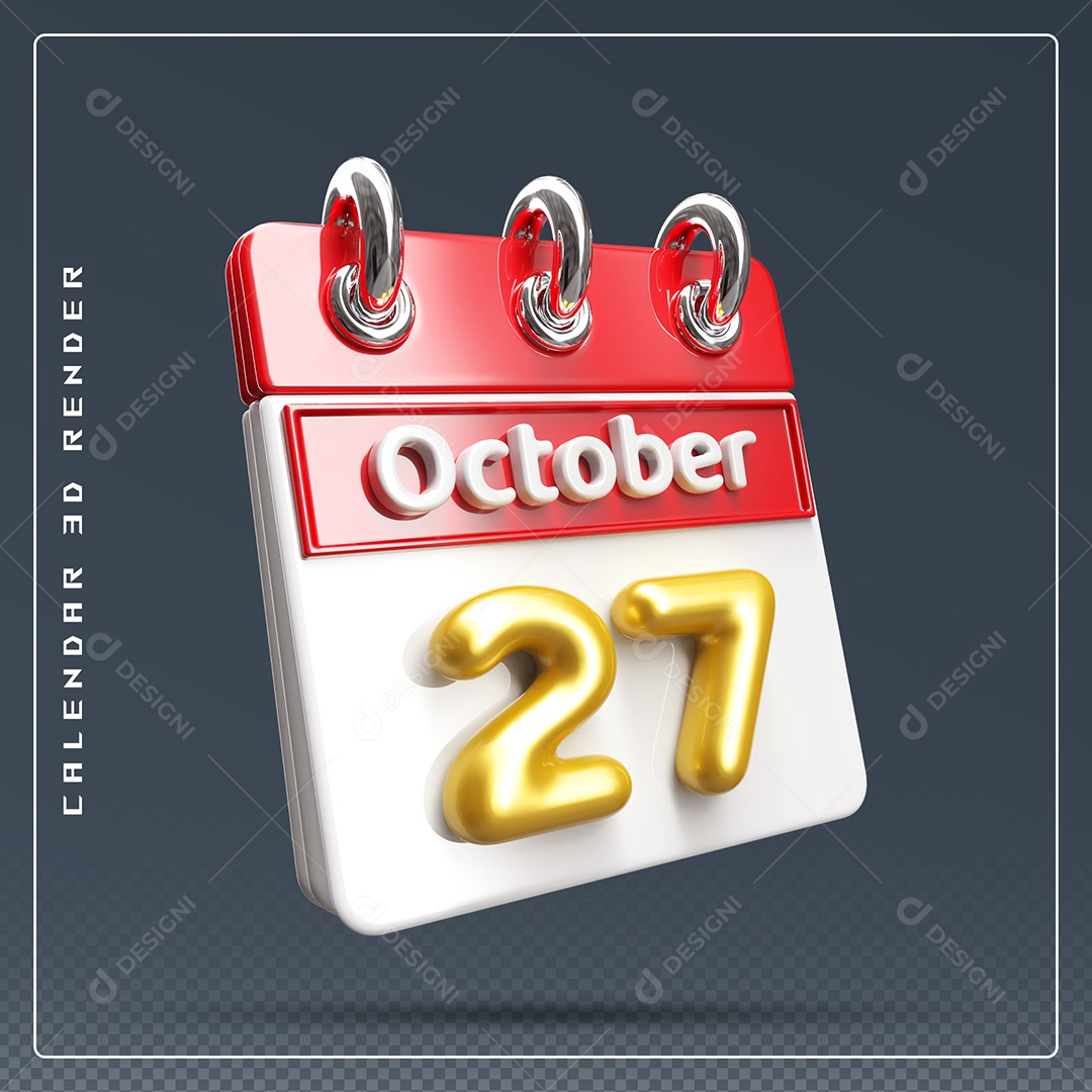 Calendário Do mês Outubro Dia 27 Elemento 3D Vermelho Dourado e Branco Para Composição PSD