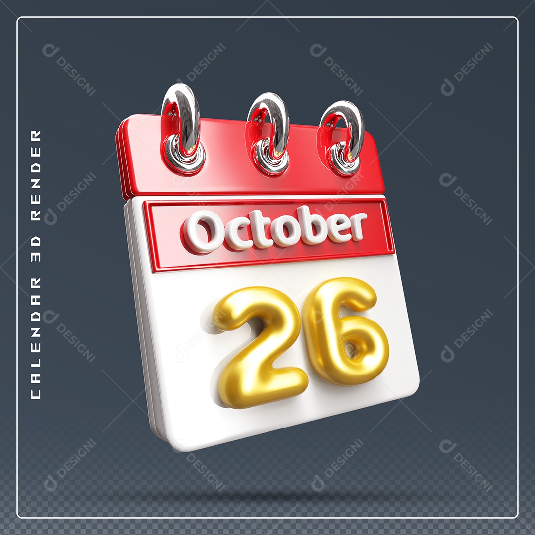 Calendário Do mês Outubro Dia 26 Elemento 3D Vermelho Dourado e Branco Para Composição PSD