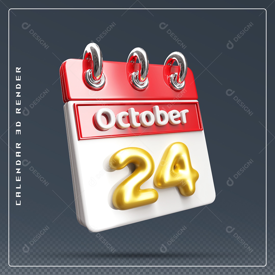 Calendário Do mês Outubro Dia 24 Elemento 3D Vermelho Dourado e Branco Para Composição PSD