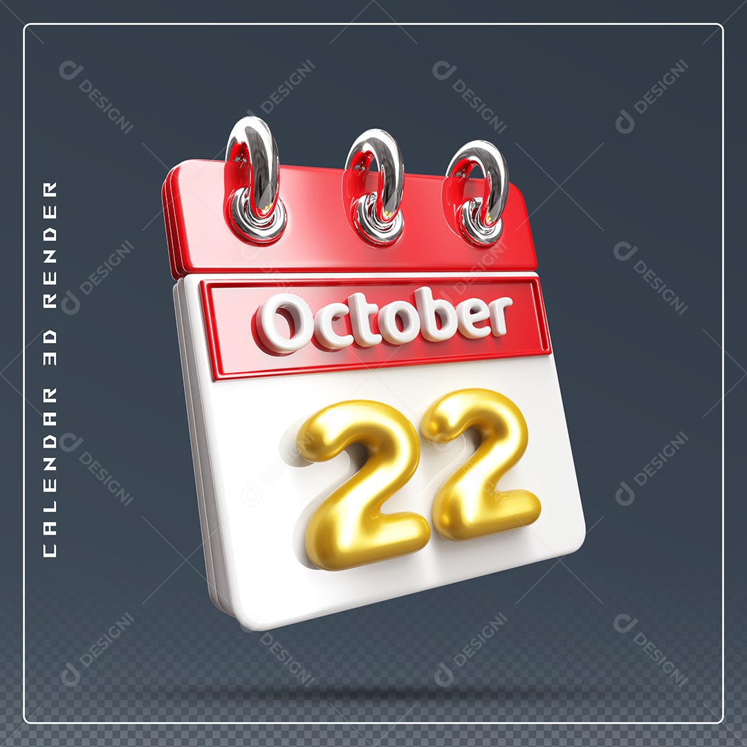 Calendário Do mês Outubro Dia 22 Elemento 3D Vermelho Dourado e Branco Para Composição PSD