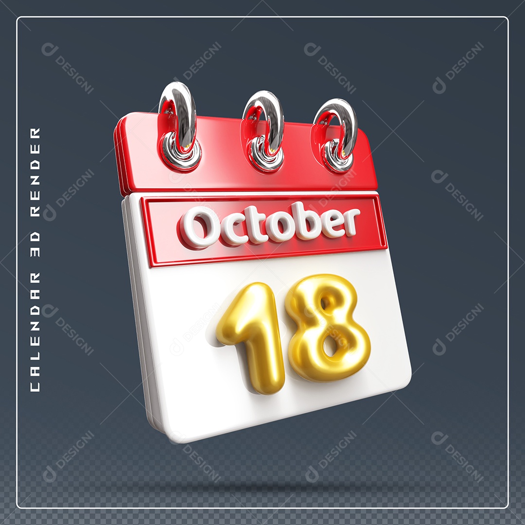 Calendário Do mês Outubro Dia 18 Elemento 3D Vermelho Dourado e Branco Para Composição PSD