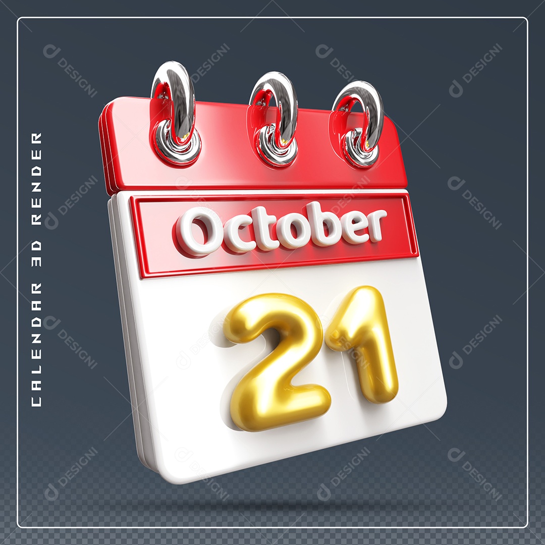 Calendário Do mês Outubro Dia 21 Elemento 3D Vermelho Dourado e Branco Para Composição PSD