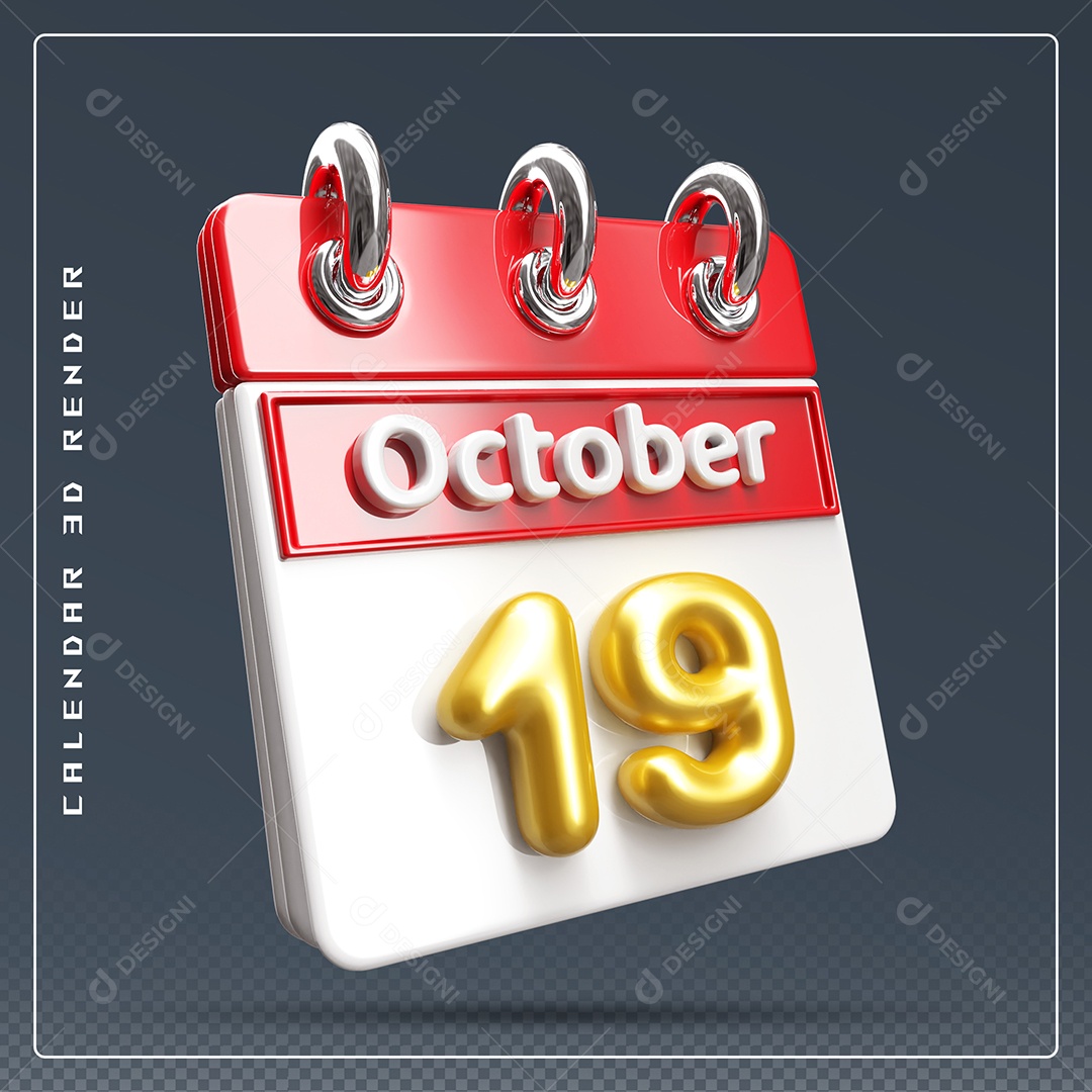 Calendário Do mês Outubro Dia 19 Elemento 3D Vermelho Dourado e Branco Para Composição PSD