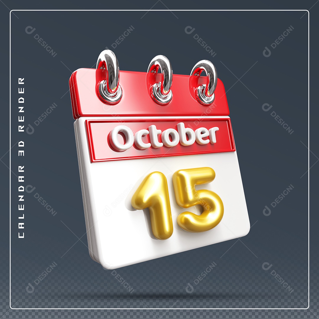 Calendário Do mês Outubro Dia 15 Elemento 3D Vermelho Dourado e Branco Para Composição PSD