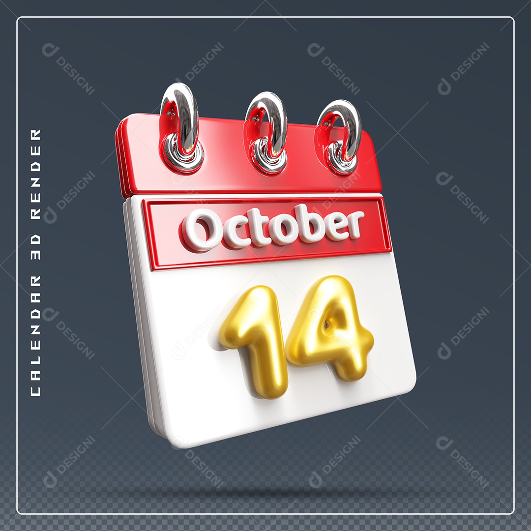 Calendário Do mês Outubro Dia 14 Elemento 3D Vermelho Dourado e Branco Para Composição PSD