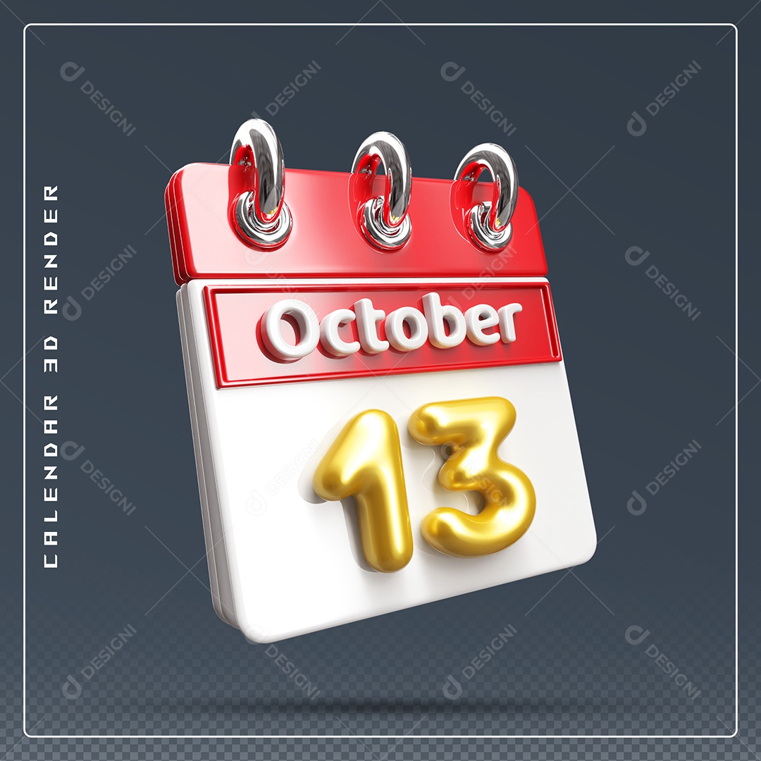 Calendário Do mês Outubro Dia 13 Elemento 3D Vermelho Dourado e Branco Para Composição PSD