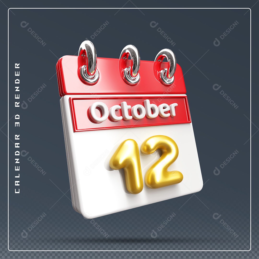 Calendário Do mês Outubro Dia 12 Elemento 3D Vermelho Dourado e Branco Para Composição PSD
