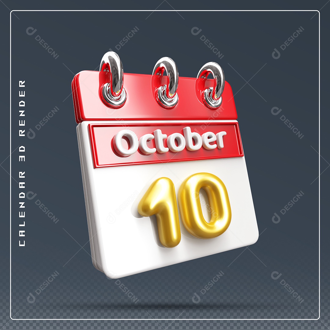 Calendário Do mês Outubro Dia 10 Elemento 3D Vermelho Dourado e Branco Para Composição PSD