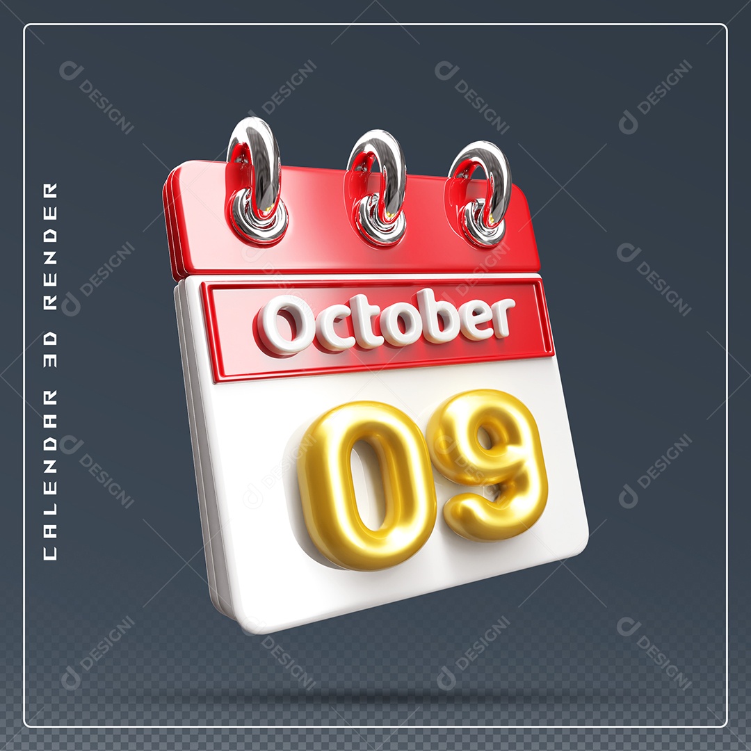 Calendário Do mês Outubro Dia 09 Elemento 3D Vermelho Dourado e Branco Para Composição PSD