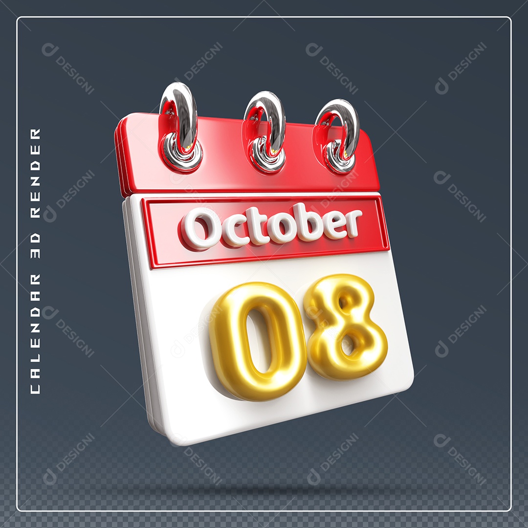 Calendário Do mês Outubro Dia 08 Elemento 3D Vermelho Dourado e Branco Para Composição PSD