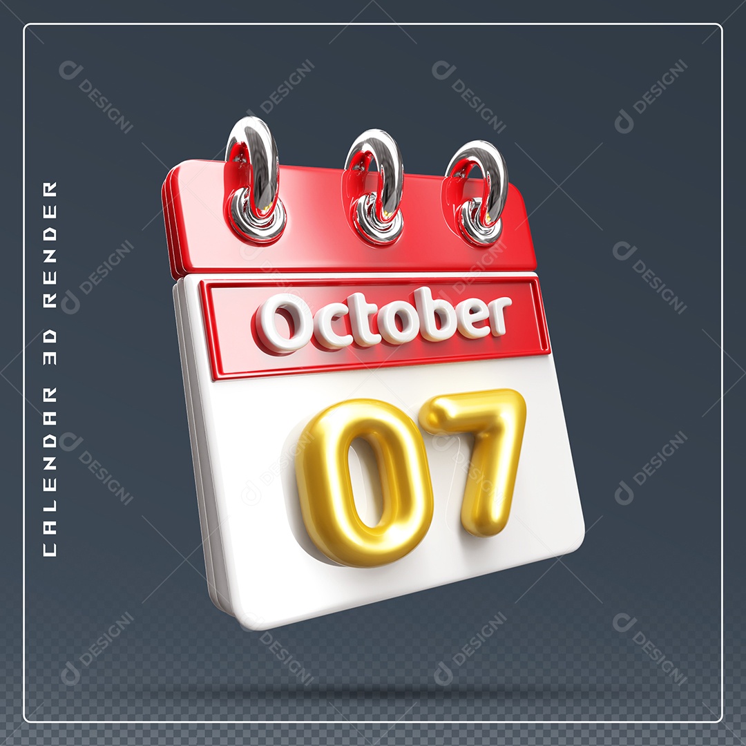Calendário Do mês Outubro Dia 07 Elemento 3D Vermelho Dourado e Branco Para Composição PSD