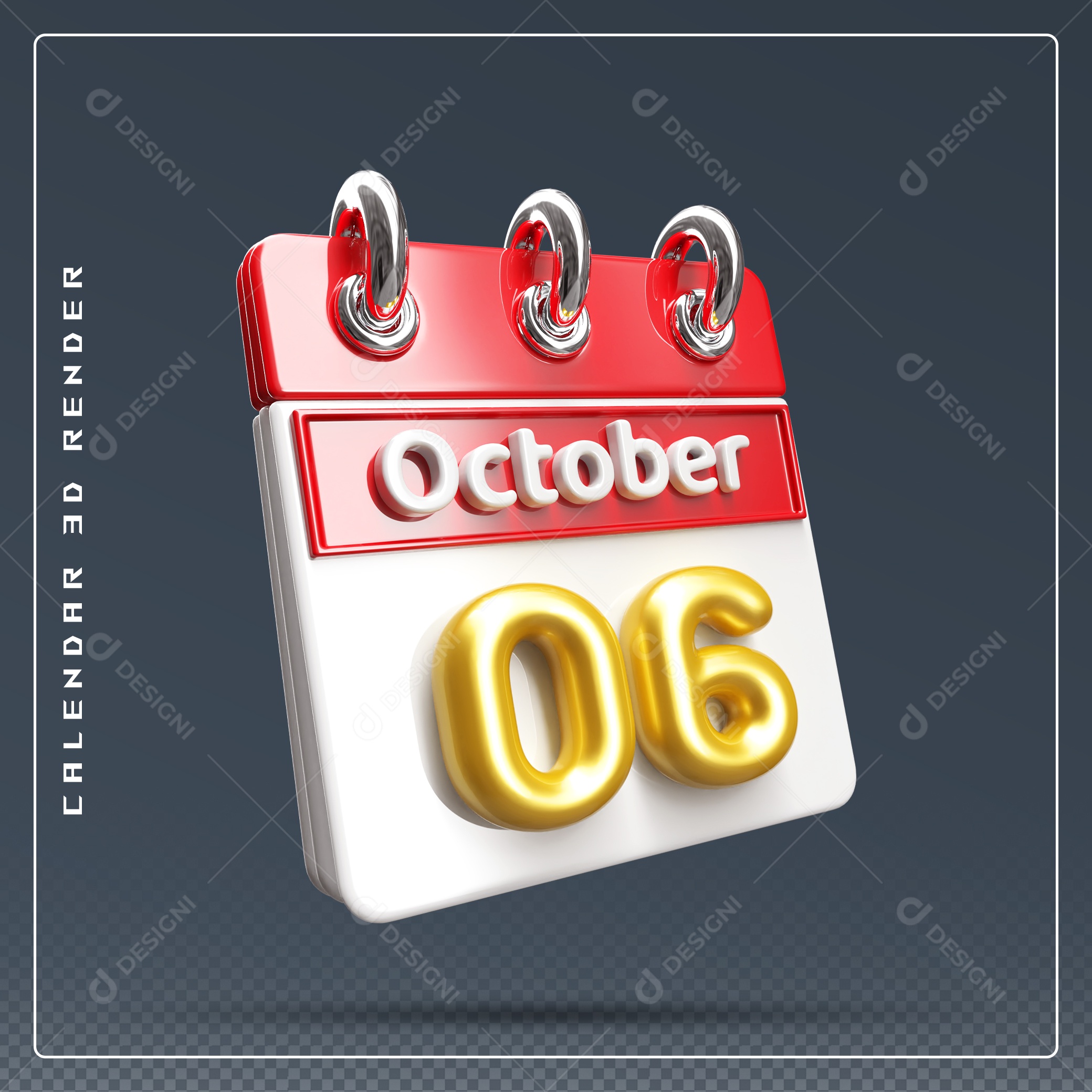Calendário Do mês Outubro Dia 06 Elemento 3D Vermelho Dourado e Branco Para Composição PSD
