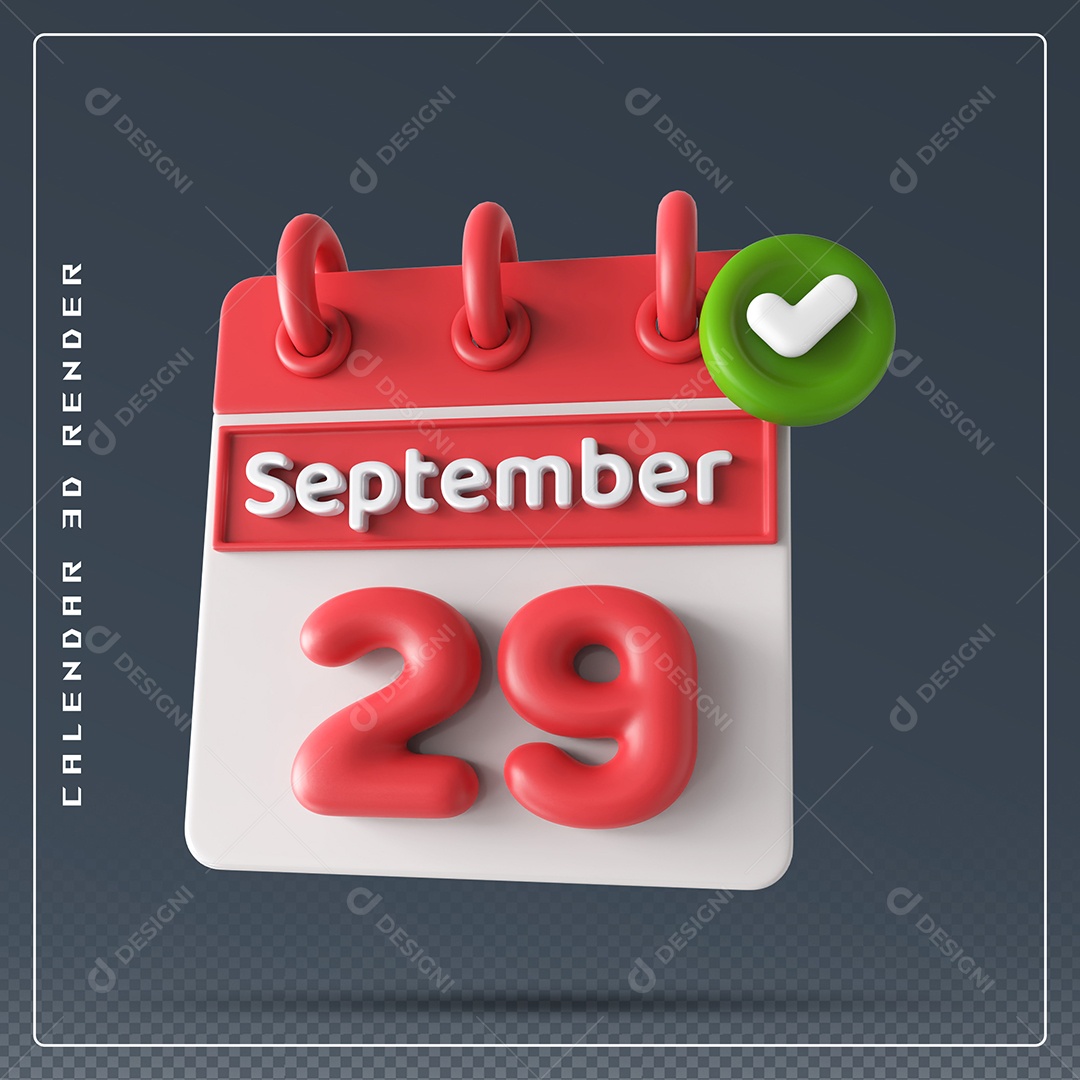 Calendário Do mês Setembro Dia 29 Elemento 3D Vermelho e Branco Para Composição PSD
