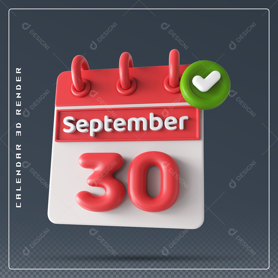 Calendário Do mês Setembro Dia 30 Elemento 3D Vermelho e Branco Para Composição PSD
