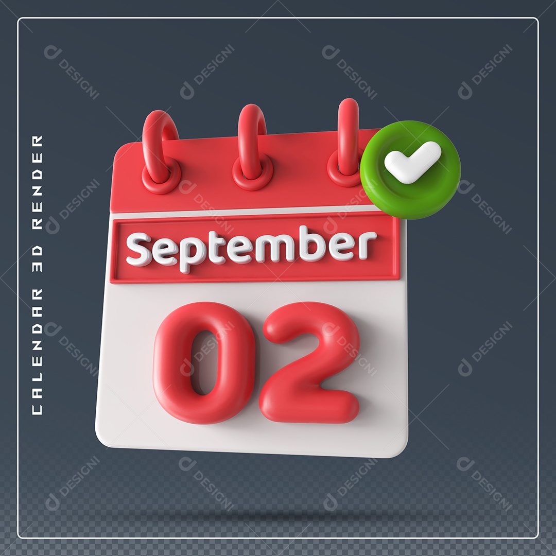 Calendário Do mês Setembro Dia 02 Elemento 3D Vermelho e Branco Para Composição PSD