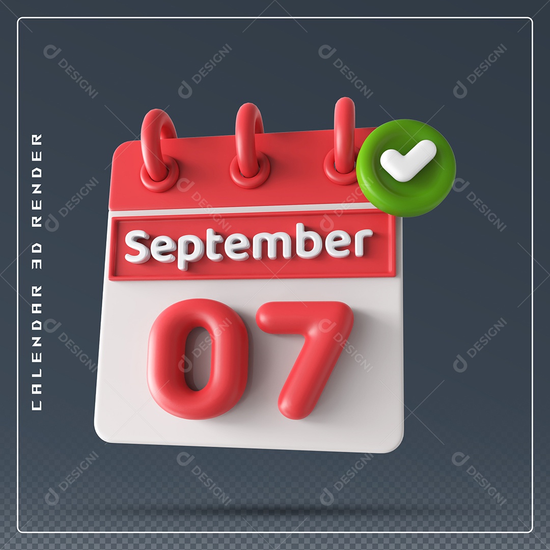 Calendário Do mês Setembro Dia 07 Elemento 3D Vermelho e Branco Para Composição PSD