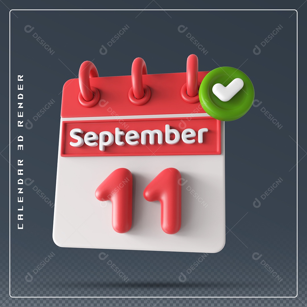 Calendário Do mês Setembro Dia 11 Elemento 3D Vermelho e Branco Para Composição PSD
