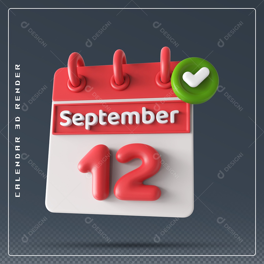Calendário Do mês Setembro Dia 12 Elemento 3D Vermelho e Branco Para Composição PSD