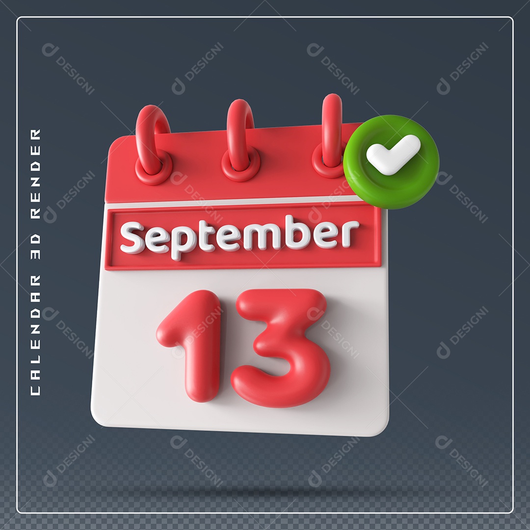 Calendário Do mês Setembro Dia 01 Elemento 3D Vermelho e Branco Para Composição PSD