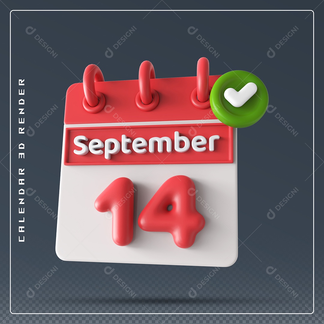 Calendário Do mês Setembro Dia 14 Elemento 3D Vermelho e Branco Para Composição PSD