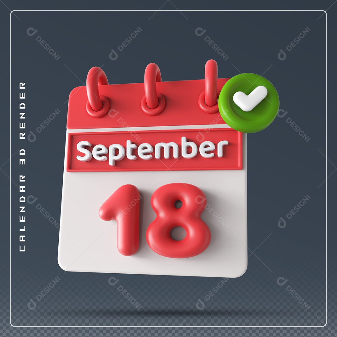 Calendário Do mês Setembro Dia 18 Elemento 3D Vermelho e Branco Para Composição PSD