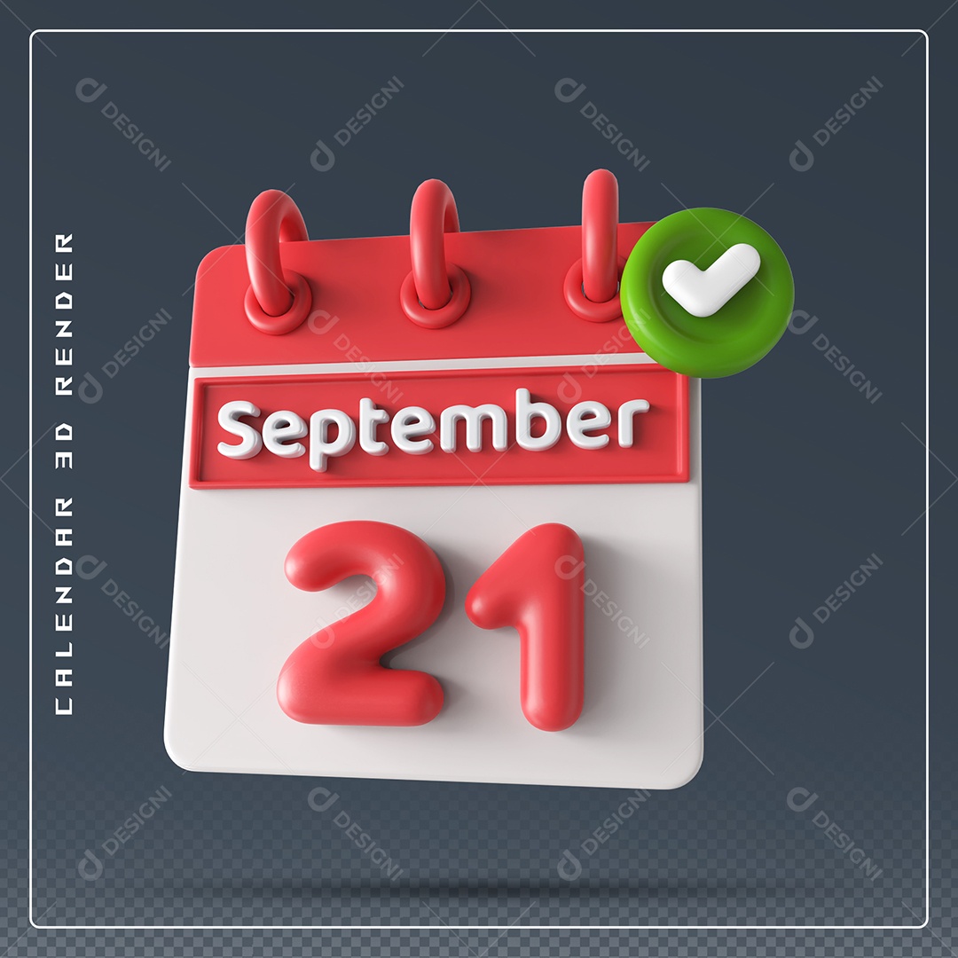 Calendário Do mês Setembro Dia 21 Elemento 3D Vermelho e Branco Para Composição PSD
