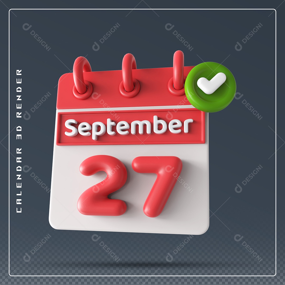Calendário Do mês Setembro Dia 27 Elemento 3D Vermelho e Branco Para Composição PSD