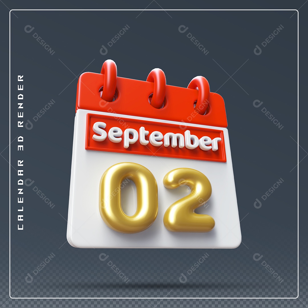Calendário Do mês Setembro Dia 02 Elemento 3D Vermelho Dourado e Branco Para Composição PSD