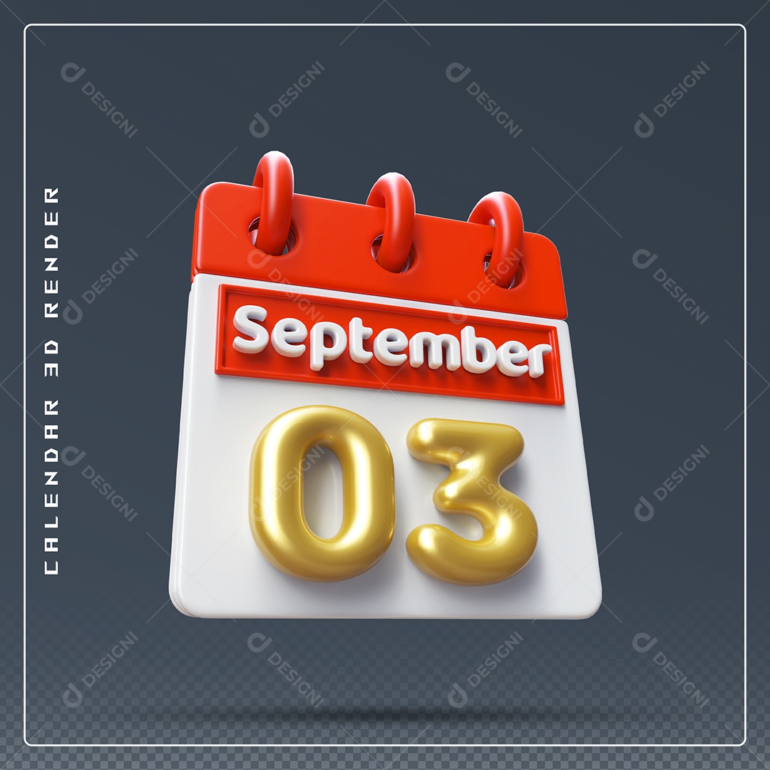 Calendário Do mês Setembro Dia 03 Elemento 3D Vermelho Dourado e Branco Para Composição PSD