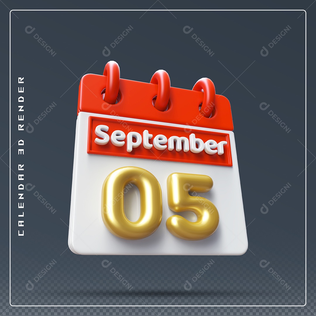 Calendário Do mês Setembro Dia 05 Elemento 3D Vermelho Dourado e Branco Para Composição PSD