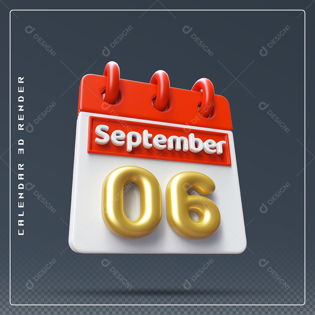Calendário Do mês Setembro Dia 06 Elemento 3D Vermelho Dourado e Branco Para Composição PSD