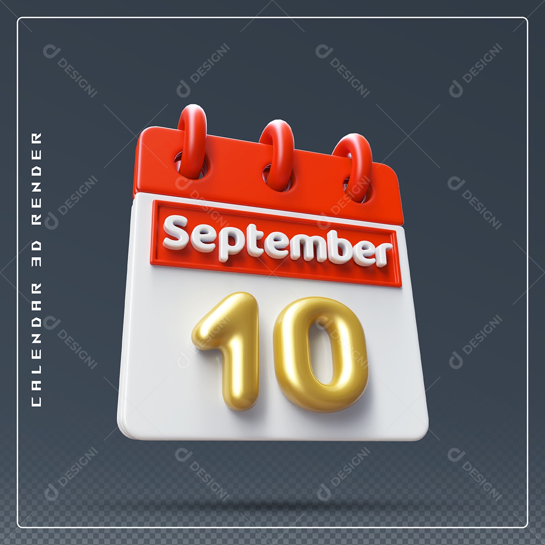 Calendário Do mês Setembro Dia 10 Elemento 3D Vermelho Dourado e Branco Para Composição PSD