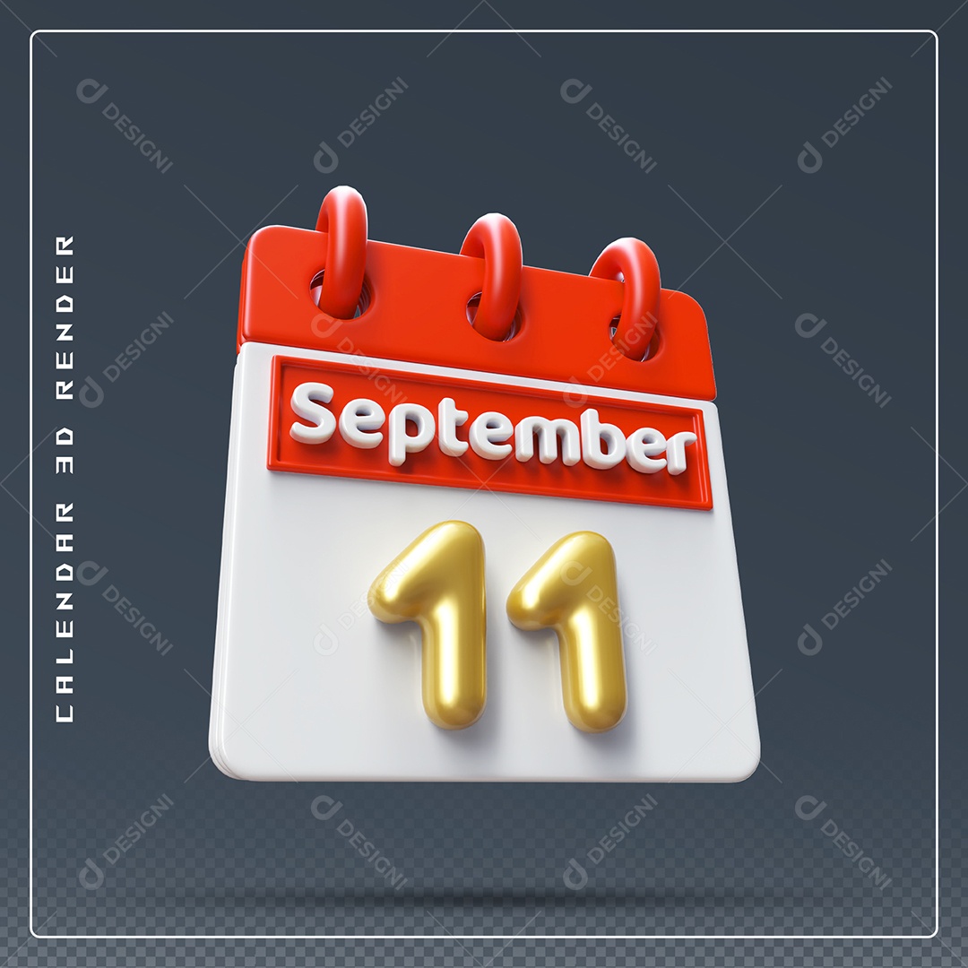 Calendário Do mês Setembro Dia 11 Elemento 3D Vermelho Dourado e Branco Para Composição PSD