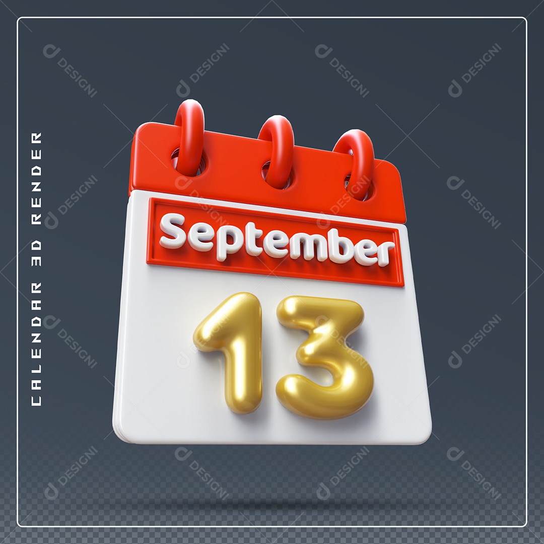Calendário Do mês Setembro Dia 13 Elemento 3D Vermelho Dourado e Branco Para Composição PSD