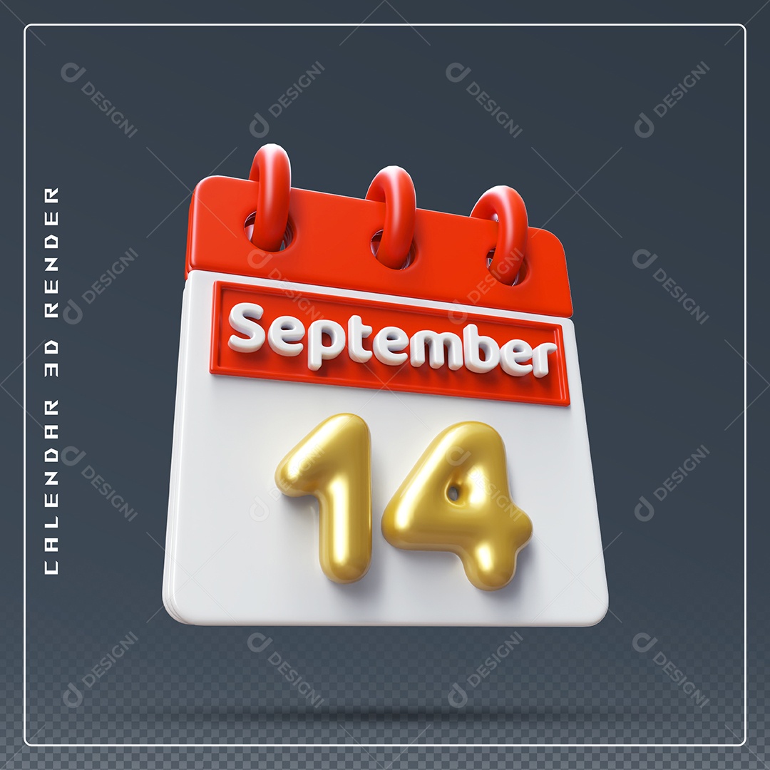 Calendário Do mês Setembro Dia 14 Elemento 3D Vermelho Dourado e Branco Para Composição PSD