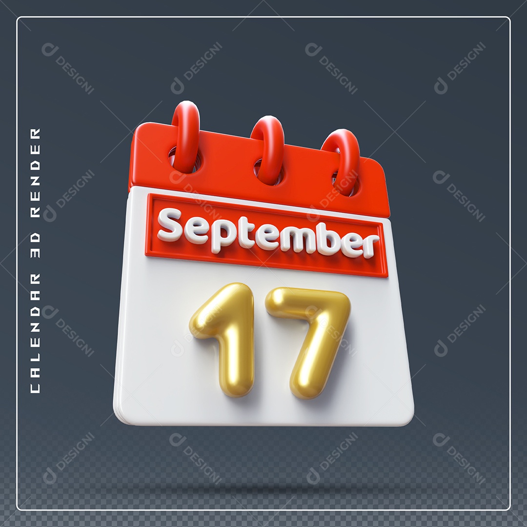 Calendário Do mês Setembro Dia 17 Elemento 3D Vermelho Dourado e Branco Para Composição PSD