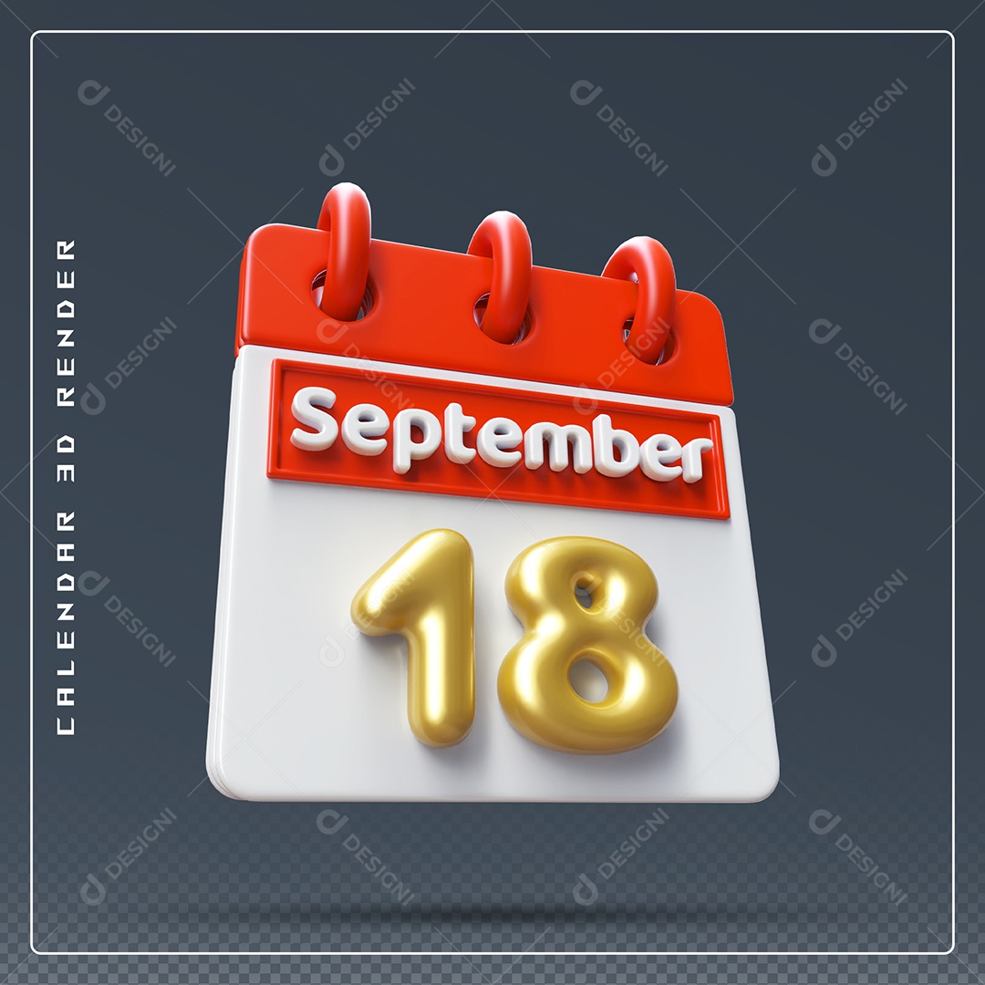 Calendário Do mês Setembro Dia 18 Elemento 3D Vermelho Dourado e Branco Para Composição PSD