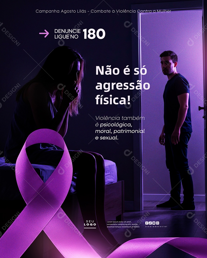 Agosto Lilás Não é só Agressão física Social Media PSD Editável