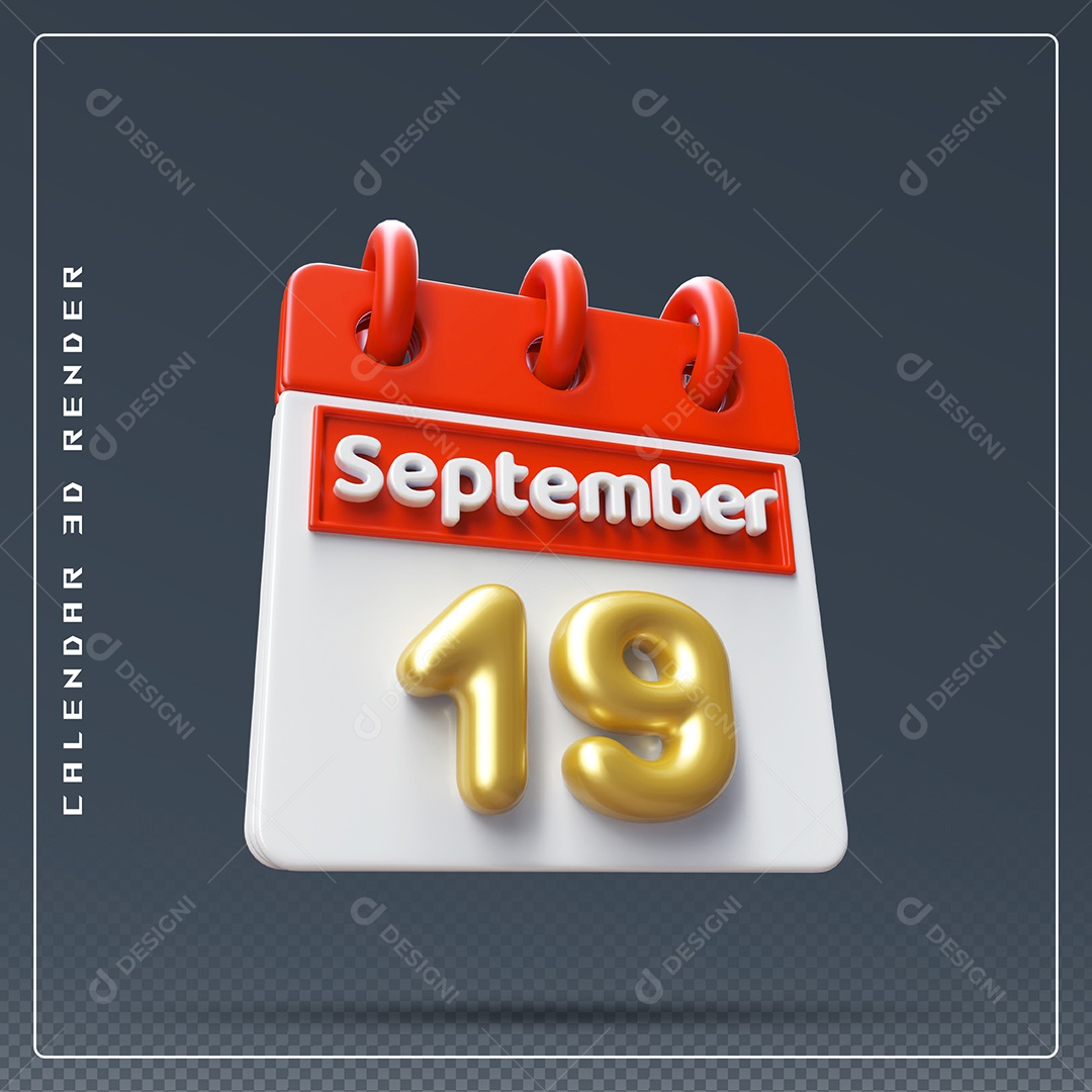 Calendário Do mês Setembro Dia 19 Elemento 3D Vermelho Dourado e Branco Para Composição PSD