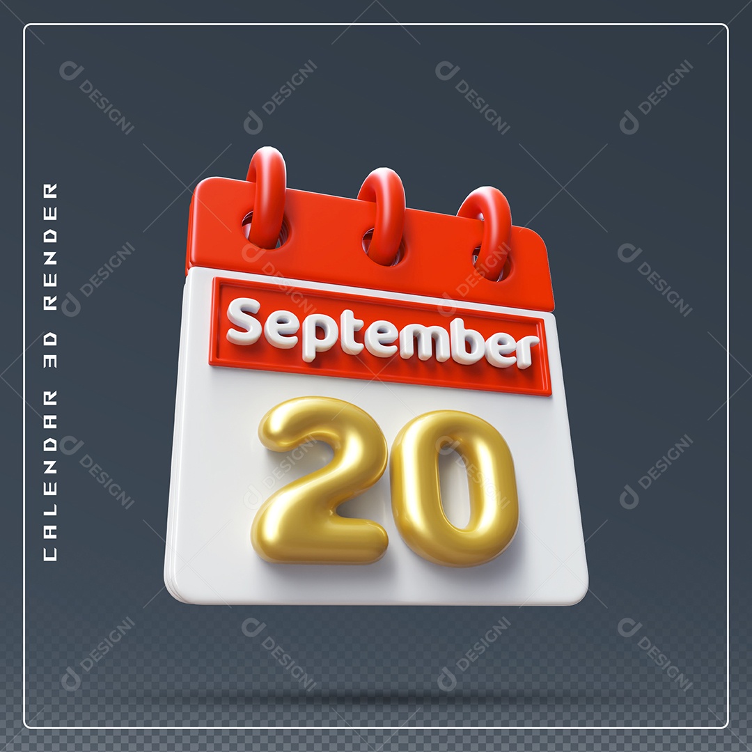 Calendário Do mês Setembro Dia 20 Elemento 3D Vermelho Dourado e Branco Para Composição PSD