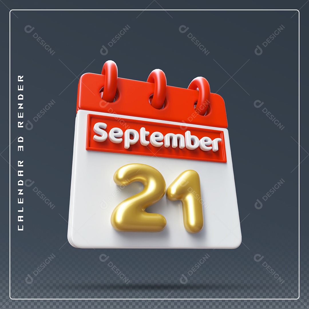 Calendário Do mês Setembro Dia 21 Elemento 3D Vermelho Dourado e Branco Para Composição PSD