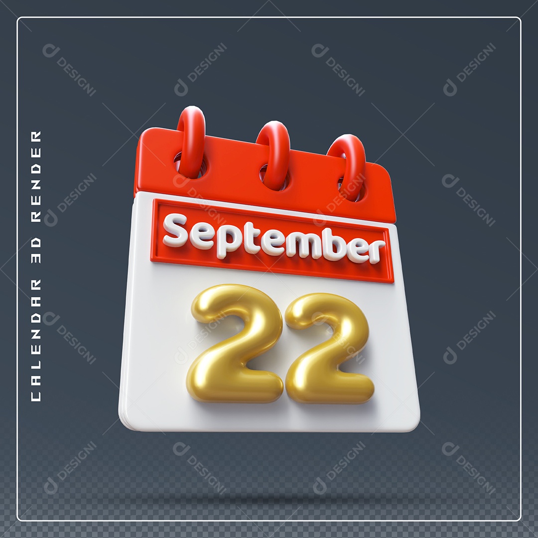 Calendário Do mês Setembro Dia 22 Elemento 3D Vermelho Dourado e Branco Para Composição PSD