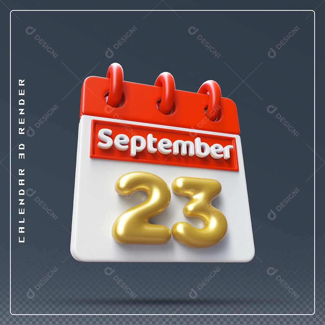 Calendário Do mês Setembro Dia 23 Elemento 3D Vermelho Dourado e Branco Para Composição PSD