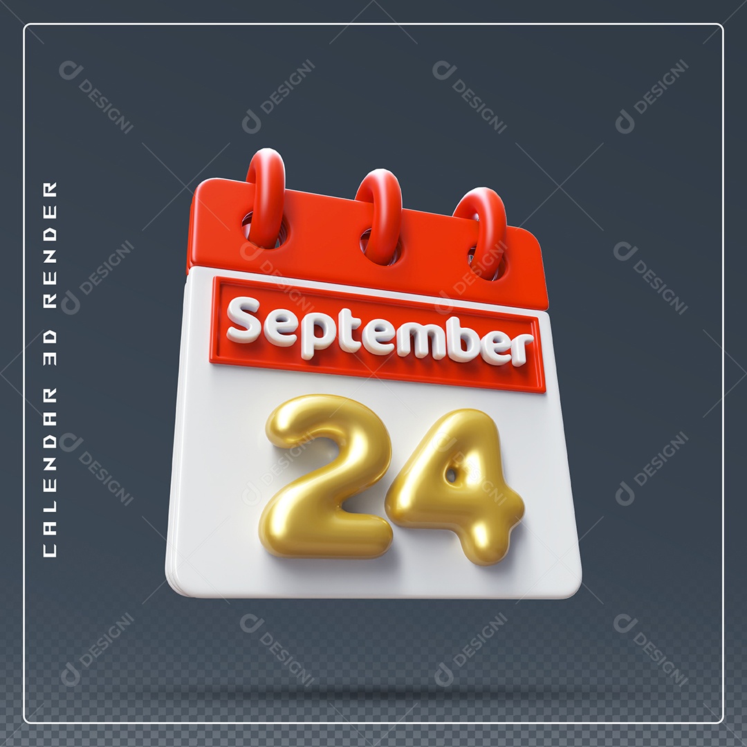 Calendário Do mês Setembro Dia 24 Elemento 3D Vermelho Dourado e Branco Para Composição PSD