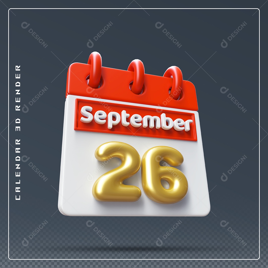 Calendário Do mês Setembro Dia 26 Elemento 3D Vermelho Dourado e Branco Para Composição PSD
