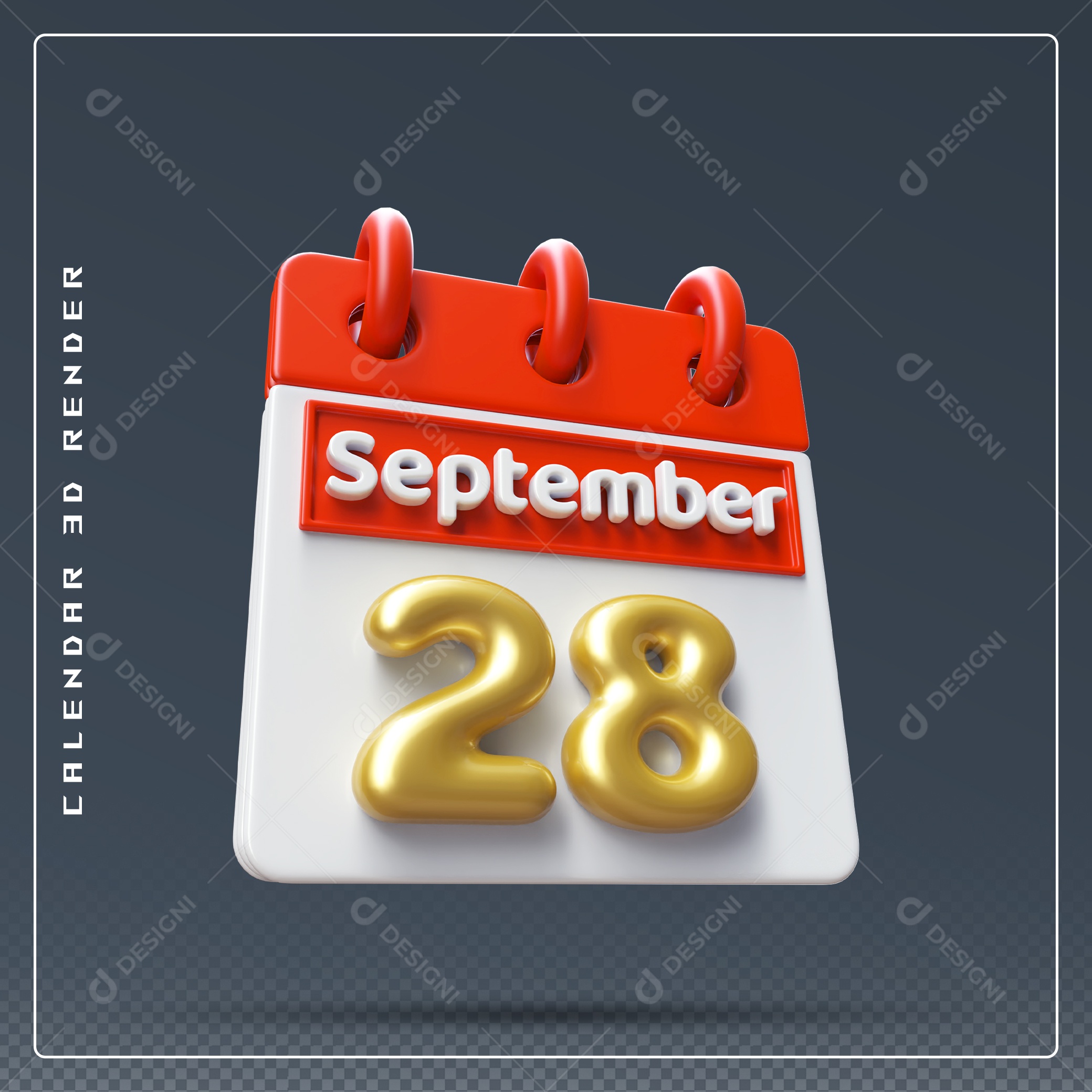 Calendário Do mês Setembro Dia 28 Elemento 3D Vermelho Dourado e Branco Para Composição PSD