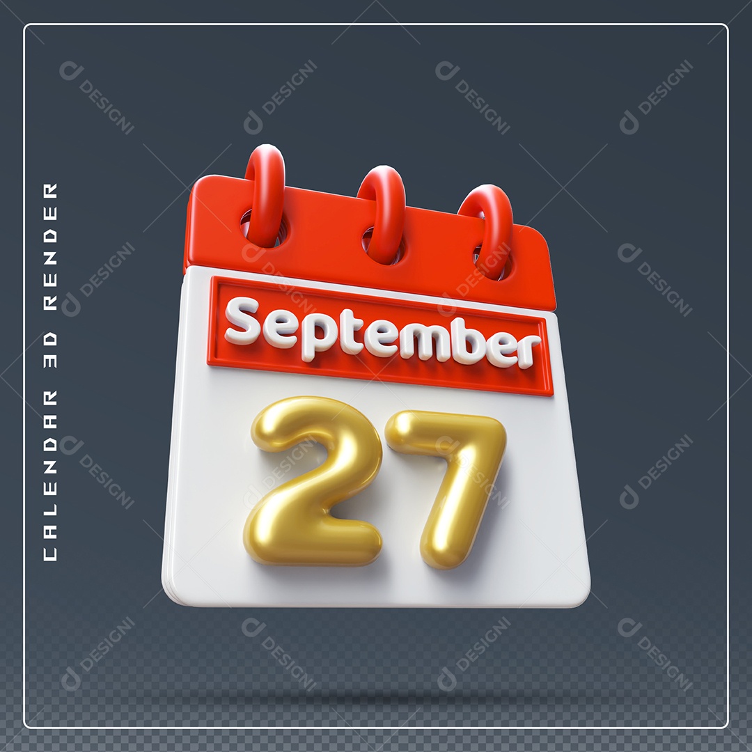 Calendário Do mês Setembro Dia 27 Elemento 3D Vermelho Dourado e Branco Para Composição PSD