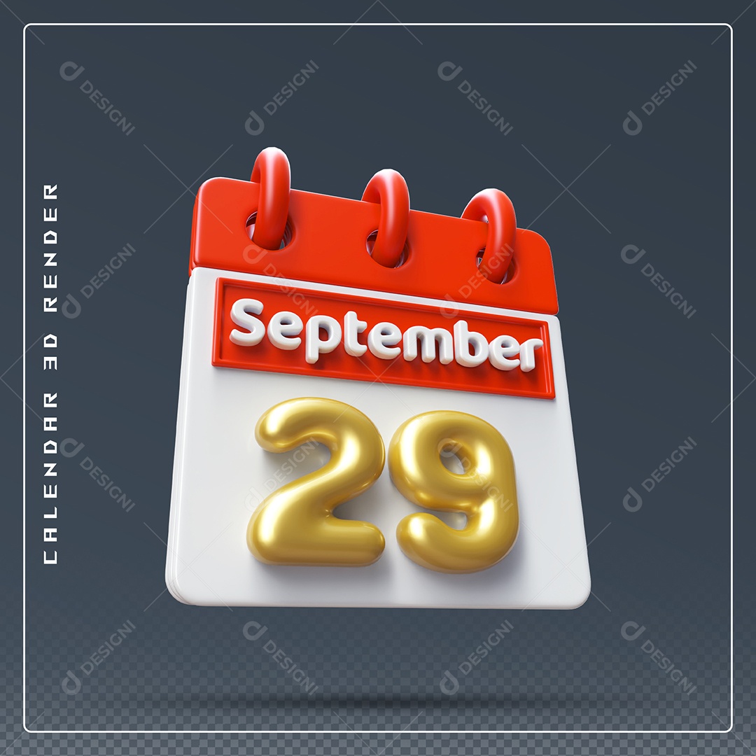 Calendário Do mês Setembro Dia 29 Elemento 3D Vermelho Dourado e Branco Para Composição PSD