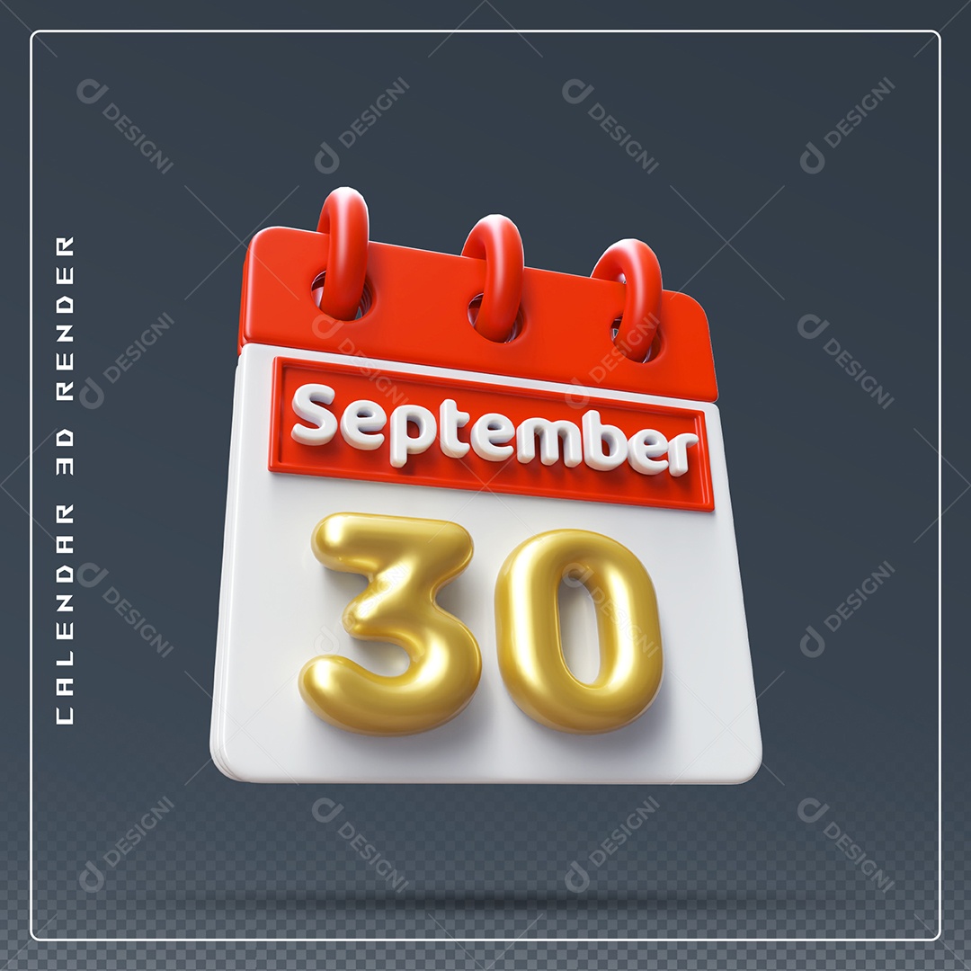 Calendário Do mês Setembro Dia 30 Elemento 3D Vermelho Dourado e Branco Para Composição PSD